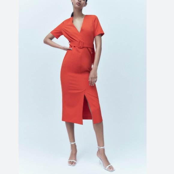 ZARA V NECK STREACH BELTED MIDI MAXI SHEATH DRESS $89.90 - Picture 1 of 11
